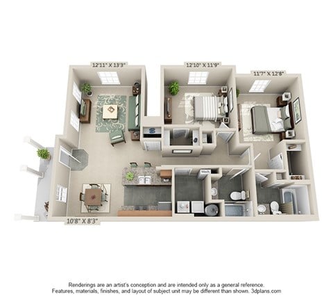 Floor plan for 2 beds, 2 baths, 1115 sqft